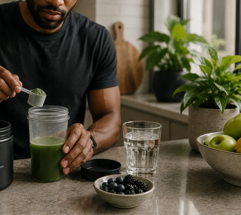 A man spooning green powder into a shaker cup of water on a kitchen counter.