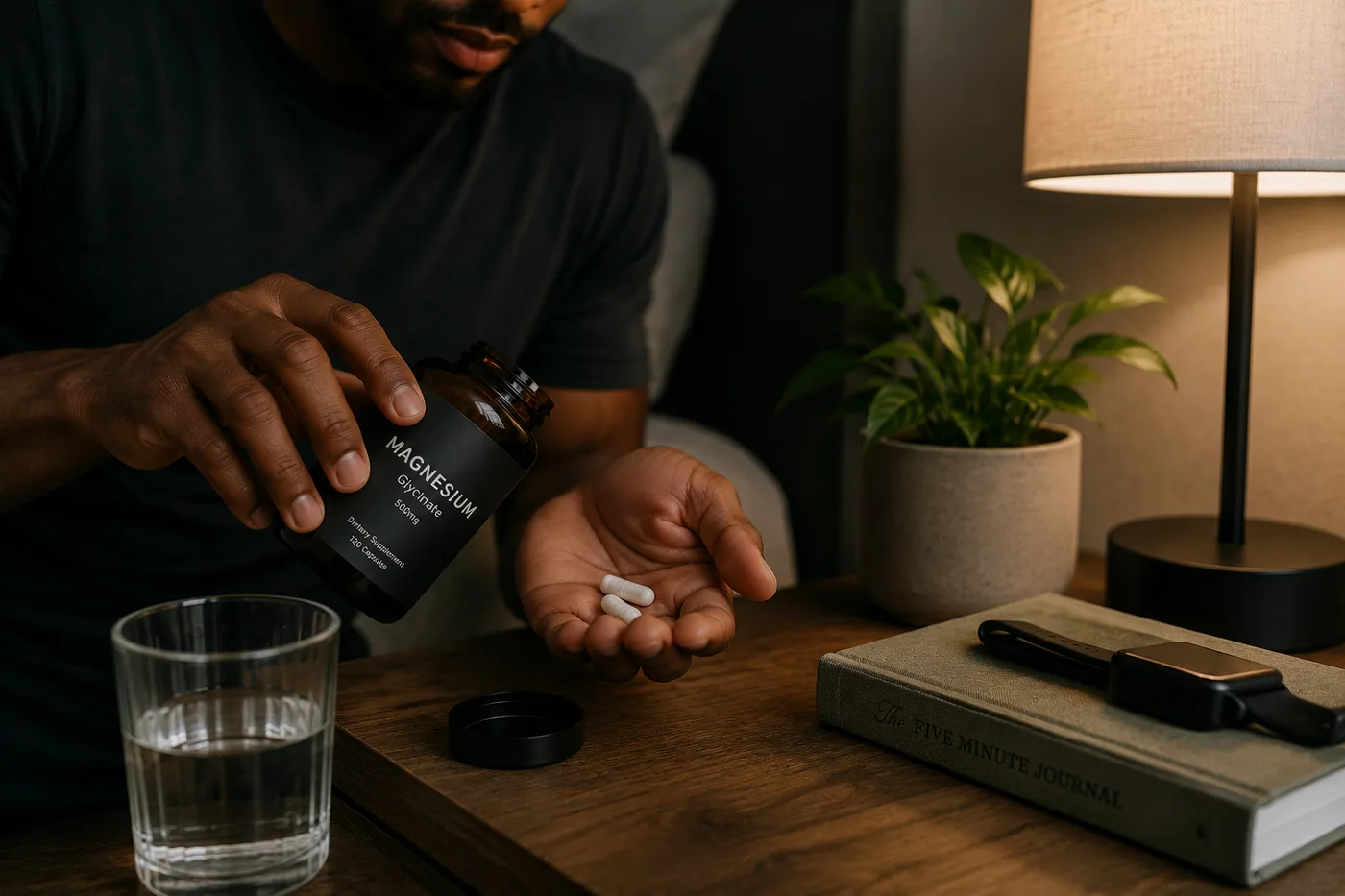 A man tipping two capsules from an unbranded magnesium glycinate bottle into his palm at a bedside table.