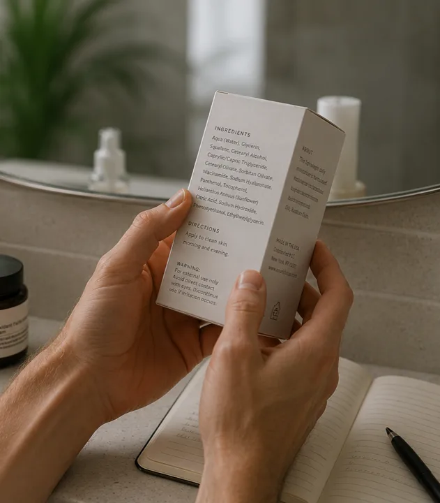 Close-up of two hands holding a carton, reading its ingredients and directions panel.