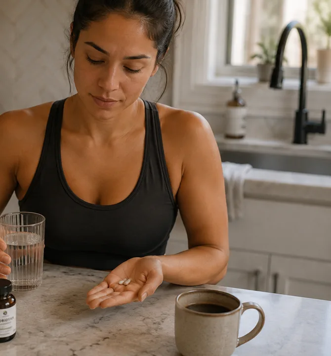 A woman at a kitchen counter looking at two capsules in her palm, beside a glass of water and a supplement bottle.